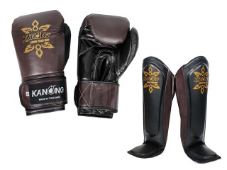 Kanong Genuine Leather Boxing Gloves + Shin Pads : Brown/Black